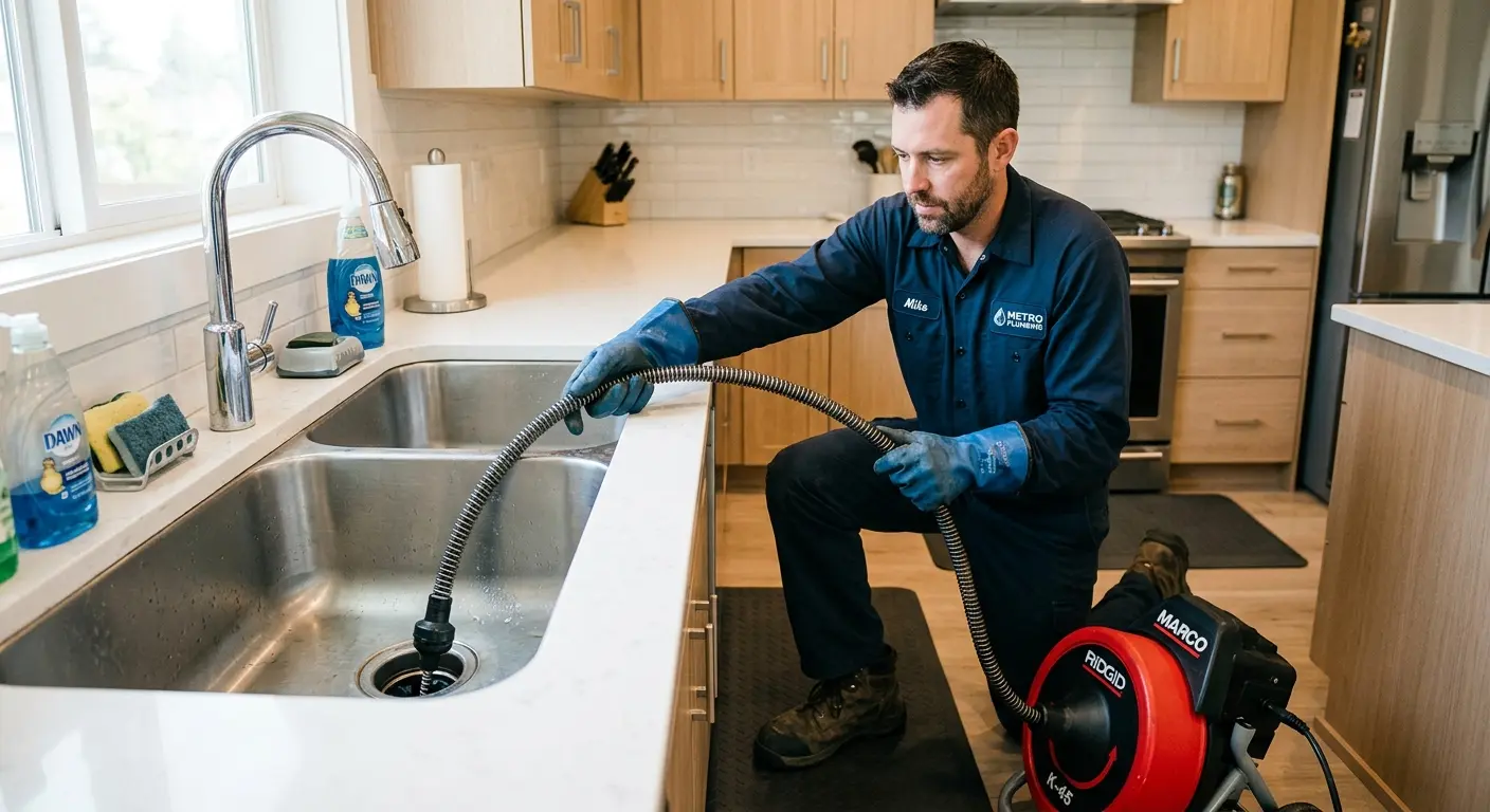 Drain cleaning technician using a motorized snake on a kitchen sink in Halfmoon