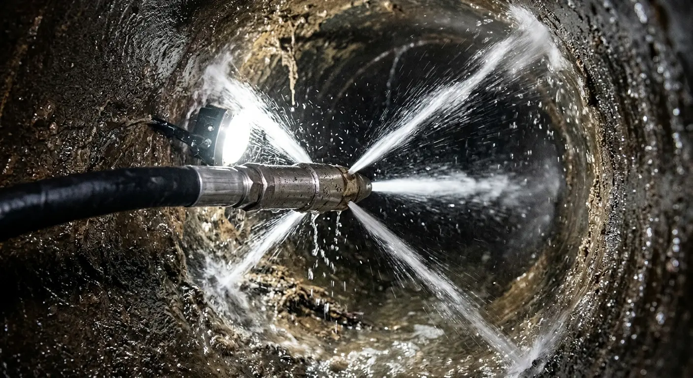 High-pressure hydro jetting nozzle cleaning sewer pipe for Emergency Drain Service in Halfmoon