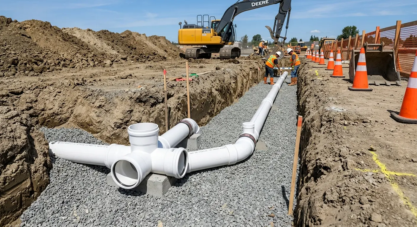 New PVC sewer pipe installation in open trench for Sewer Backup in Halfmoon