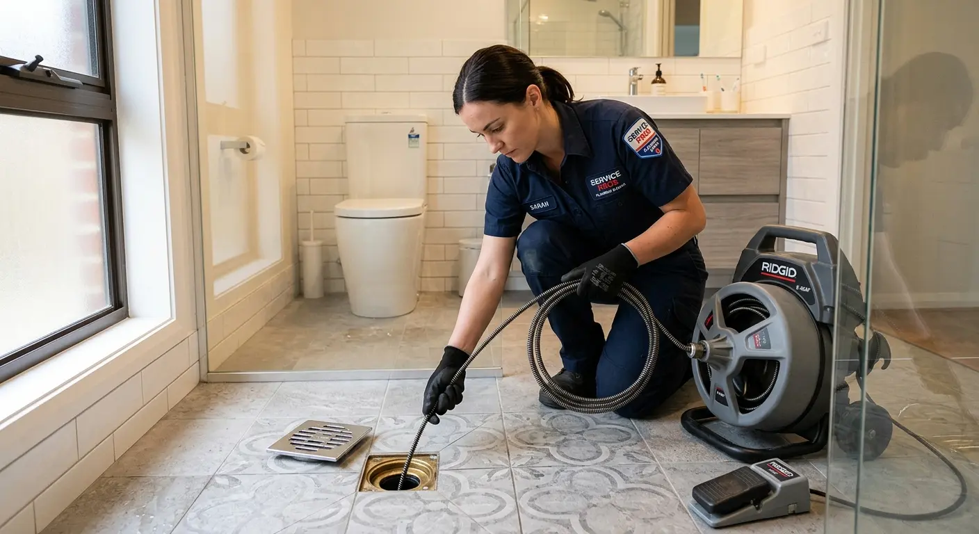 Technician clearing a bathroom floor drain for Sewer Line Installation in Halfmoon
